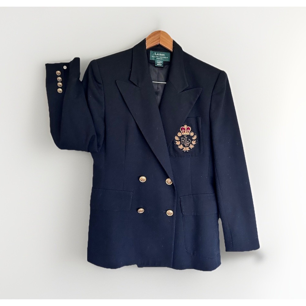 VTG RALPH LAUREN Double Breasted Wool Blazer Jacket CROWN CREST Patch Black 6P